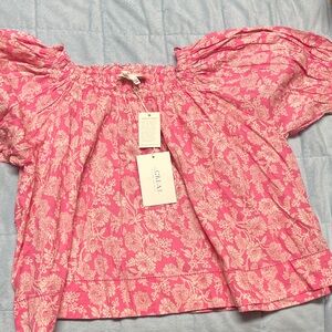 THE GREAT. Pink Floral Smocked Top